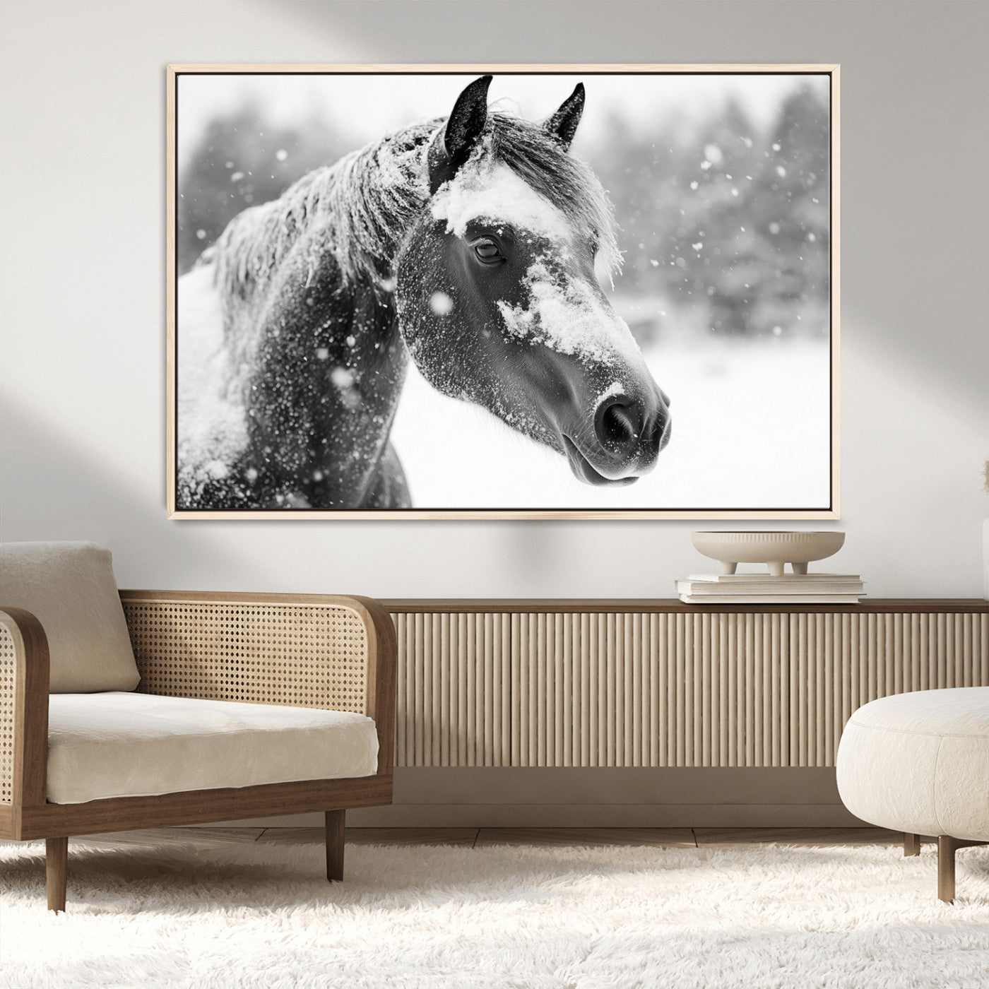 MGV-FC-36X24 - Black Horse Winter Wall Art | Ready to Hang and Framed | Farmhouse and Western Wall Decor for Living