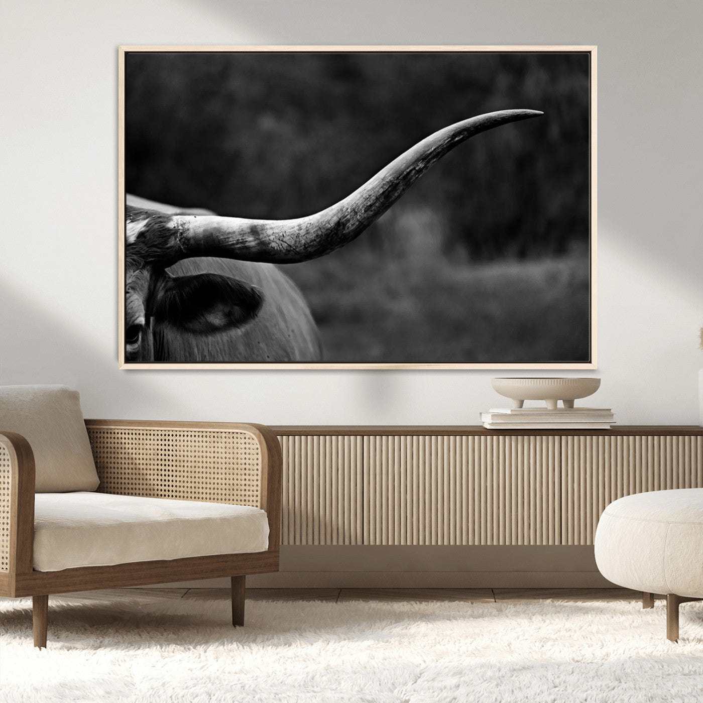 MGV-FC-36X24 - Cow Longhorn Wall Art | Black and White Print | Ready to Hang and Framed | Farmhouse Wall Decor |