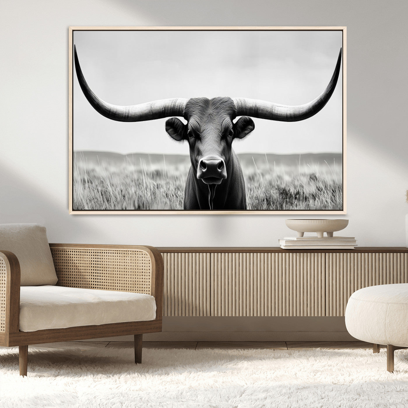 -Longhorn Bull Canvas Print | Rustic Farmhouse Wall Art | Western Decor | Ready to Hang and Framed
