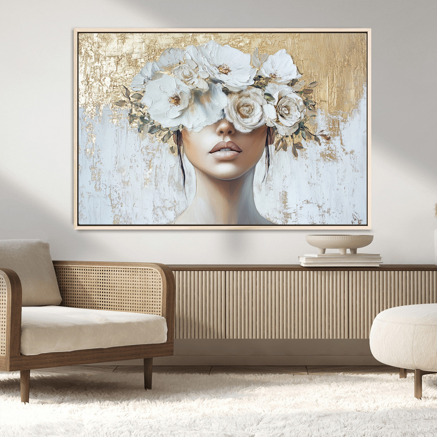 MGV-FC-36X24 - Golden Petal Wall Art - Canvas Print Flower Head Woman Painting Floral Woman Portrait Wall Decor,