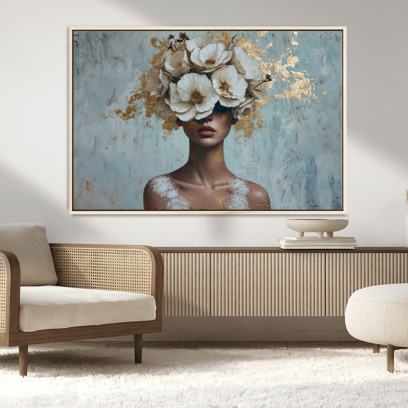MGV-FC-36X24 - Golden Petal Wall Art - Petal Silhouette Woman Wall Art Canvas Print | Large 3-Panel Canvas with