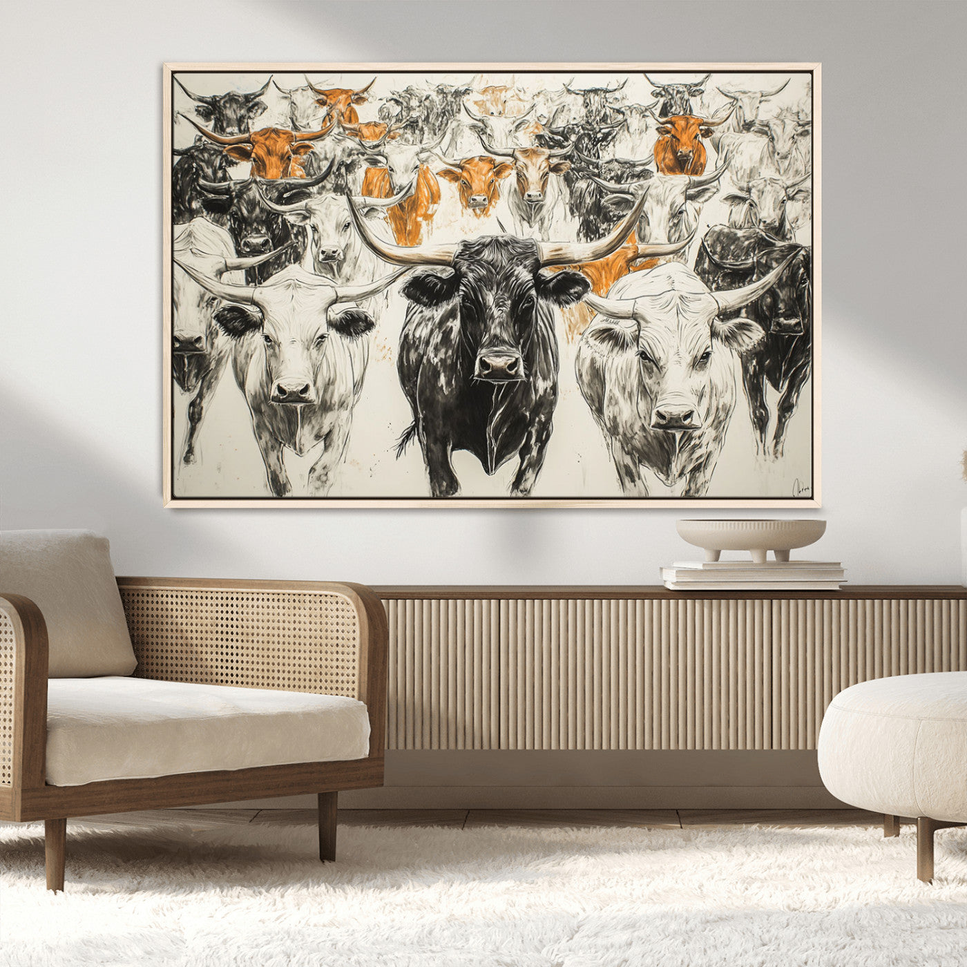 MGV-FC-36X24 - Texas Longhorn Wall Art - Herd Canvas Wall Art Print - Abstract Cow Drawing Wall Art Print for
