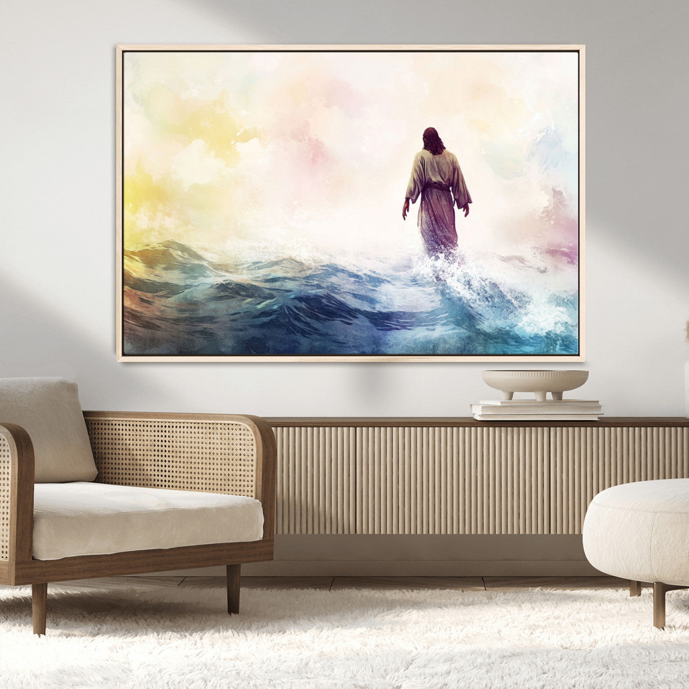 MGV-FC-36X24 - Watercolor Jesus Walking on Water Canvas Print, Christian Wall Art, Jesus Christ Walking