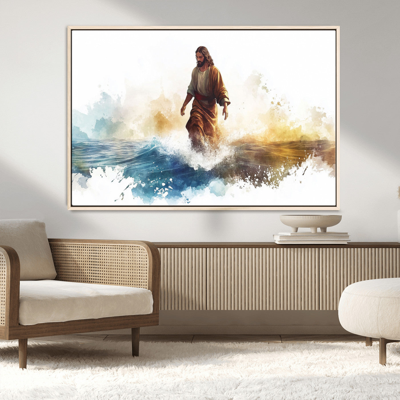 MGV-FC-36X24 - Watercolor Jesus Walking Wall Art Print, Jesus Water Canvas Print, Christian Wall Art, Jesus Christ