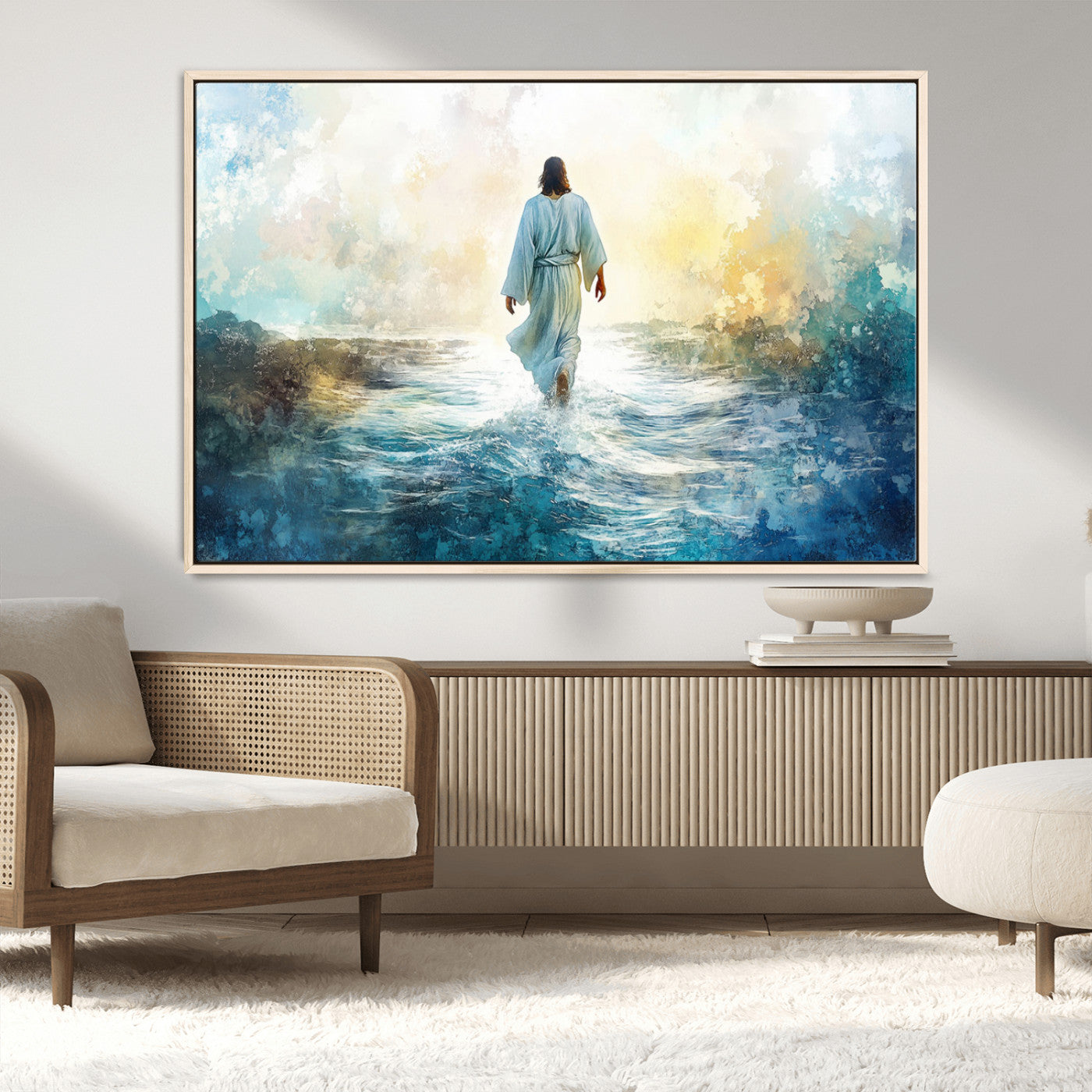MGV-FC-36X24 - Watercolor Jesus Walking on Water Canvas Print, Christian Wall Art, Jesus Christ Walking