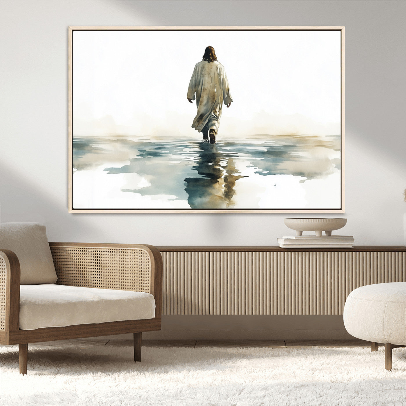 MGV-FC-36X24 - Watercolor Jesus Walking on Water Canvas Print, Christian Wall Art, Jesus Christ Walking