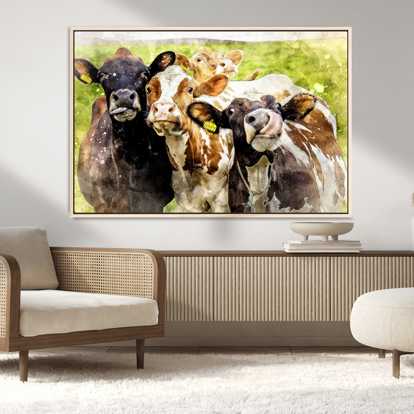 MGV-FC-36X24 - Curious Cows Farmhouse Wall Art | Ready to Hang and Framed Canvas Print | Rustic Farm Decor