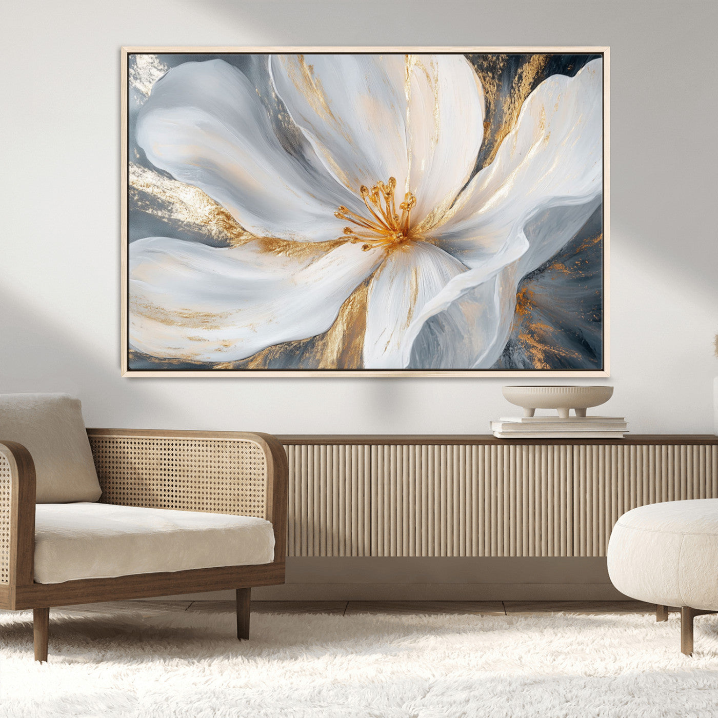 MGV-FC-36X24 - White and Gold Floral Canvas Wall Art - Framed and Ready to Hang - Perfect for Modern Living Rooms