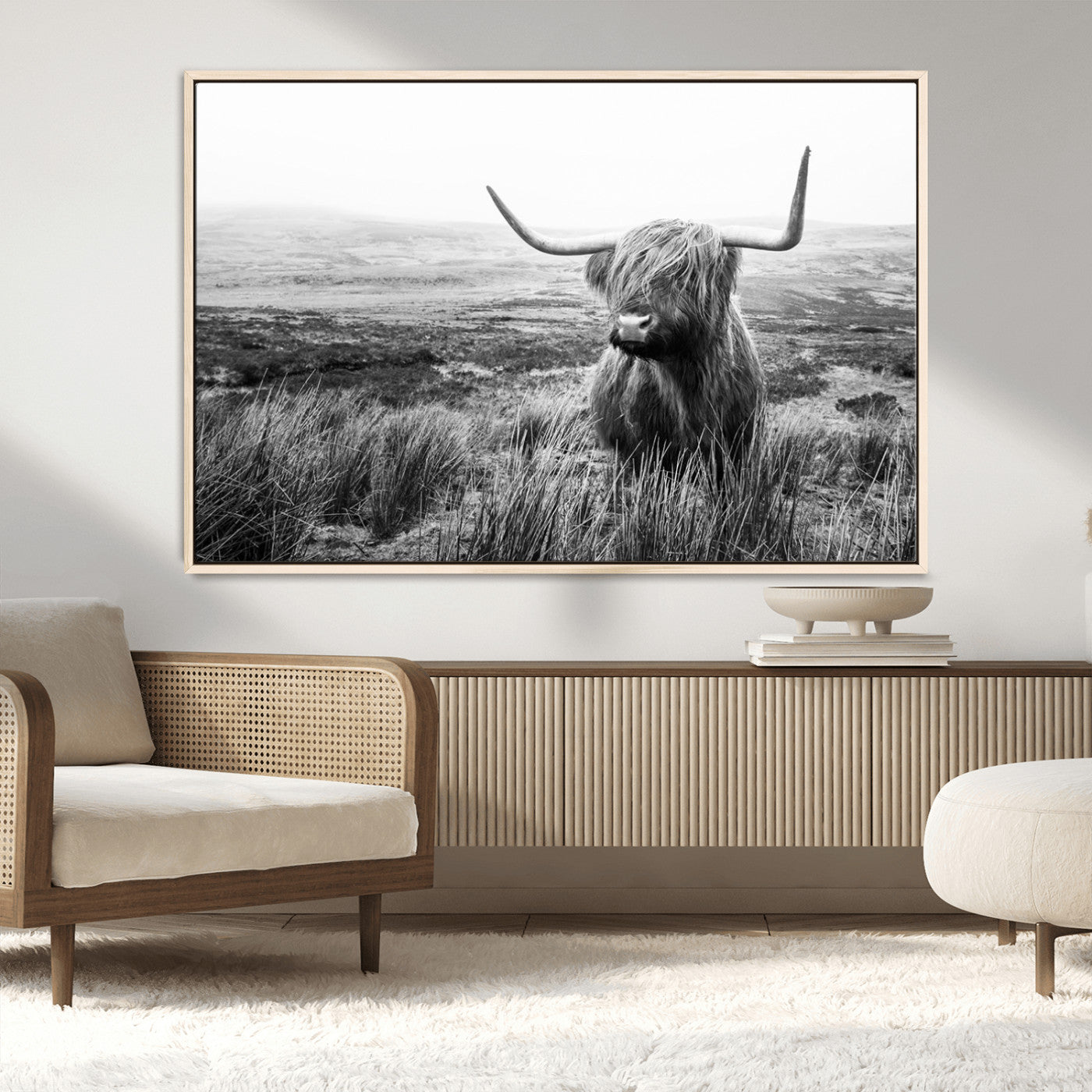 MGV-FC-36X24 - Scottish Highland Cow Wall Art | Black and White Canvas Print | Ready to Hang and Framed | Rustic