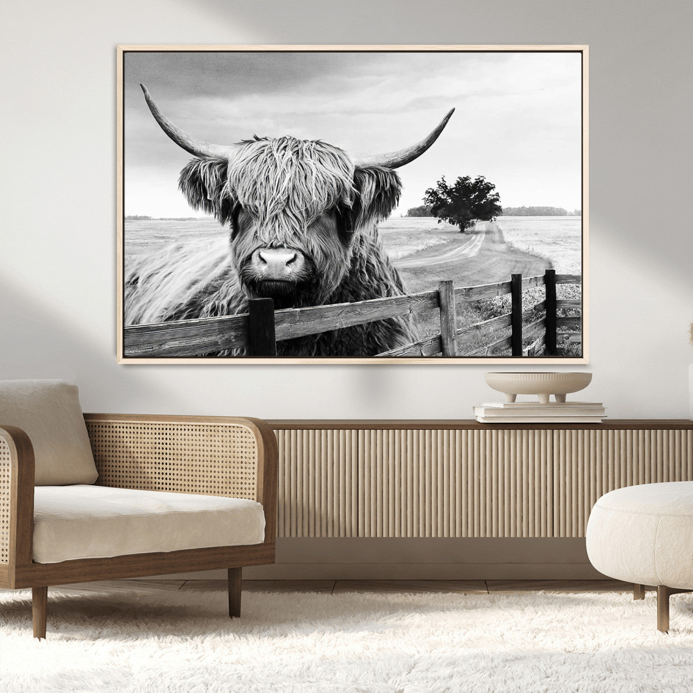 MGV-FC-36X24 - Scottish Highland Cow Wall Art | Rustic Farmhouse Décor | Black and White Ready to Hang Canvas Print