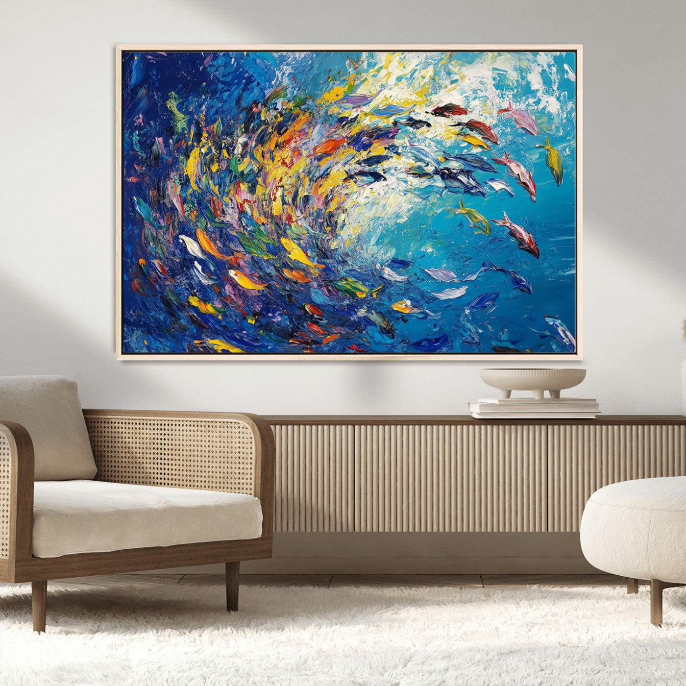 MGV-FC-36X24 - Colorful Swirling Fish School Wall Art Canvas Print | Oceanic Abstract Painting | Ready to Hang |