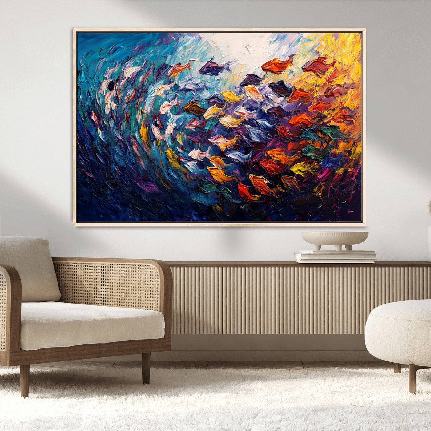MGV-FC-36X24 - Vibrant Abstract Fish Swarm Art – Colorful Fish Inspired 3-Piece Canvas Wall Art for Living Room or