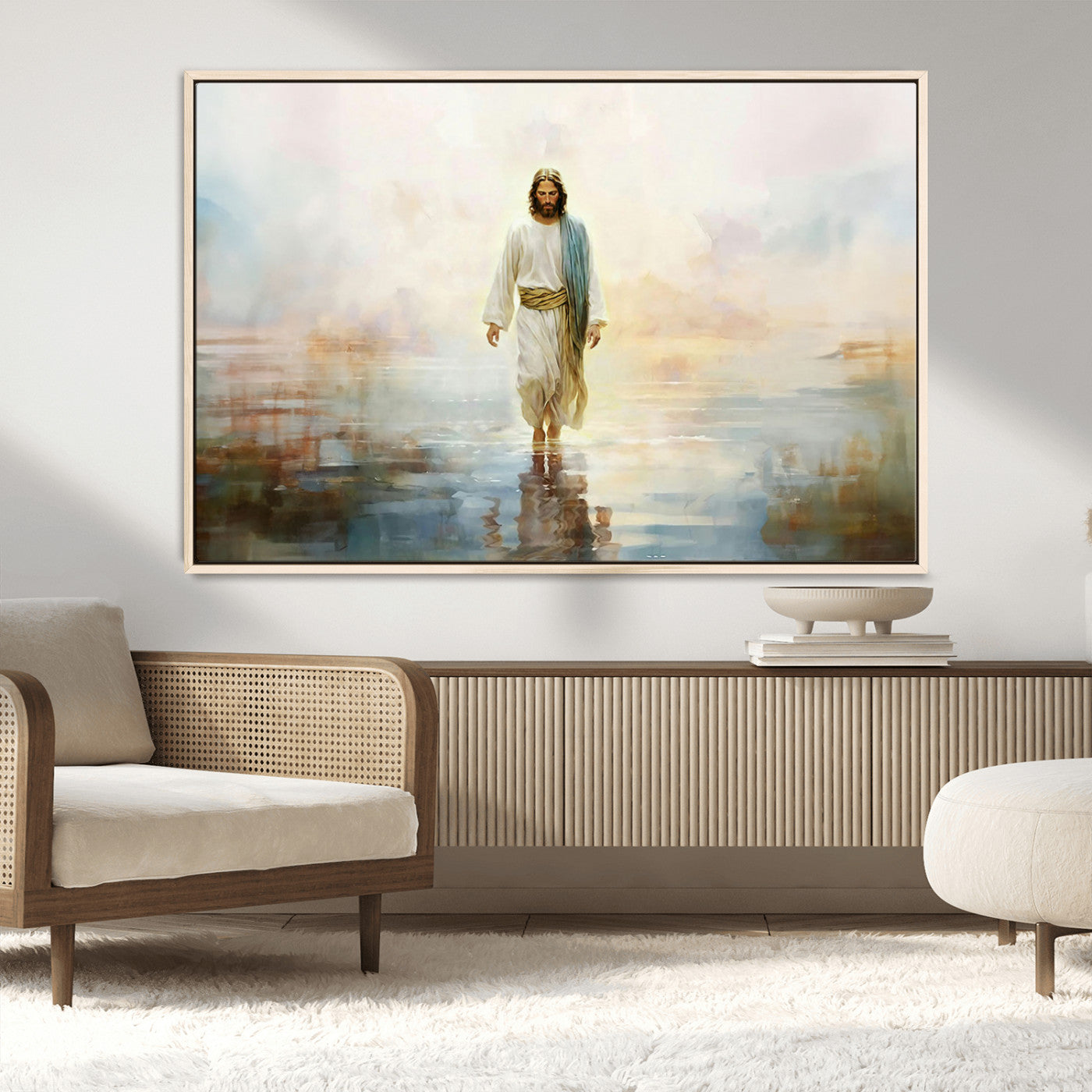 MGV-FC-36X24 - Framed Jesus Walking on Water Wall Art - 3-Panel Christian Canvas Prints, Religious Artwork for