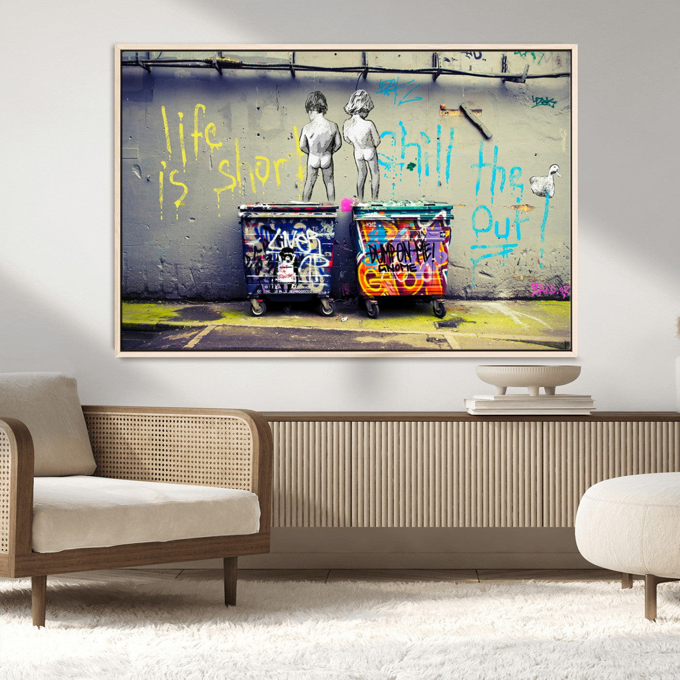 MGV-FC-36X24 - Banksy Life is Short Wall Art - Iconic Graffiti Art on Framed Ready-to-Hang Canvas - Street Art