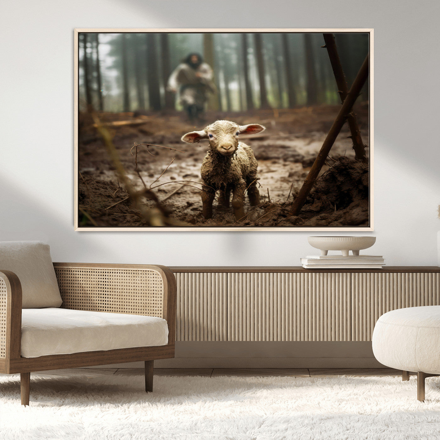 MGV-FC-36X24 - Jesus Running After a Lost Lamb Canvas Wall Art Print