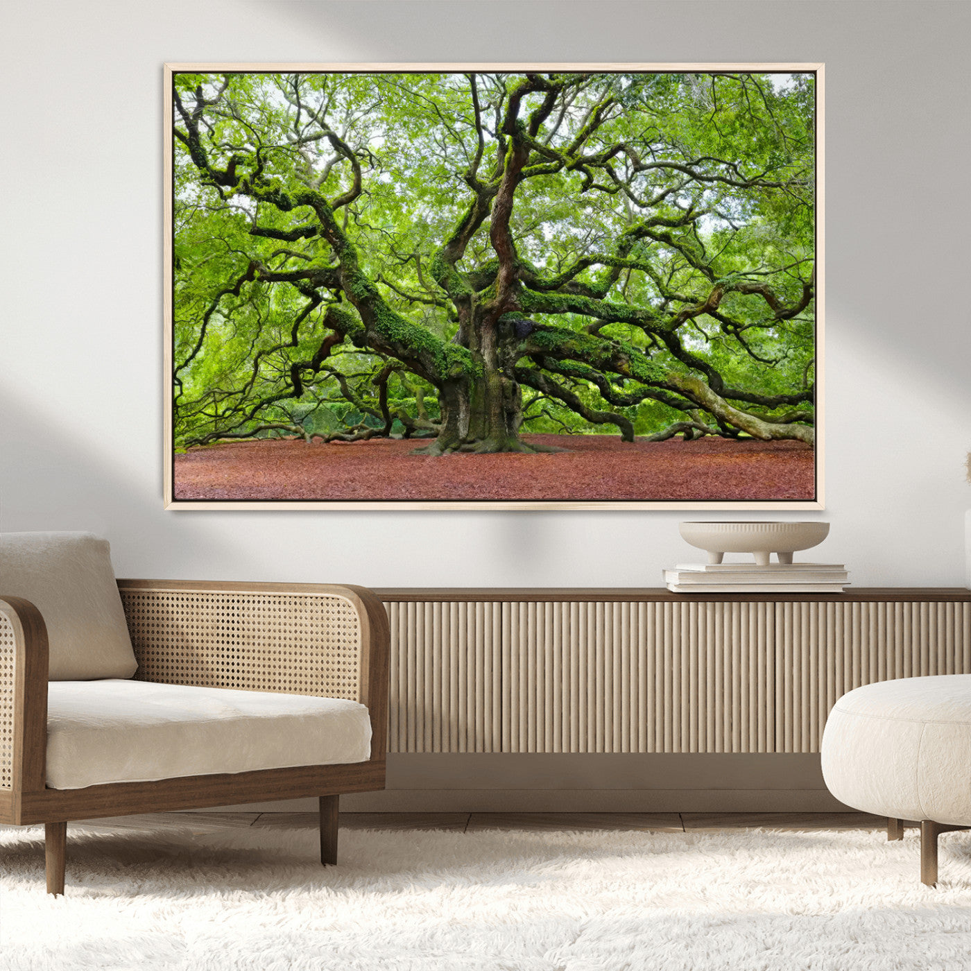MGV-FC-36X24 - Framed Angel Oak Tree Wall Art - 3-Panel Canvas Prints, Large Green Nature Artwork, Ready to Hang