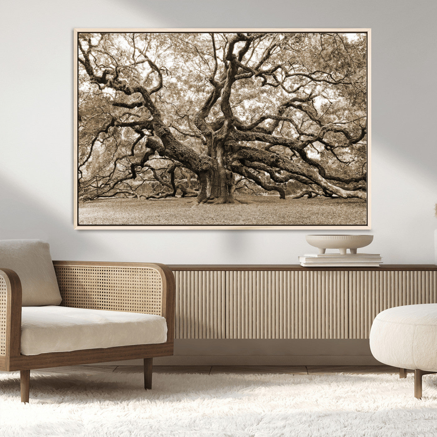 51126-MGV-CV-36X24-Sepia Framed Angel Oak Tree Wall Art - 3-Panel Canvas Prints, Large Green Nature Artwork, Ready to