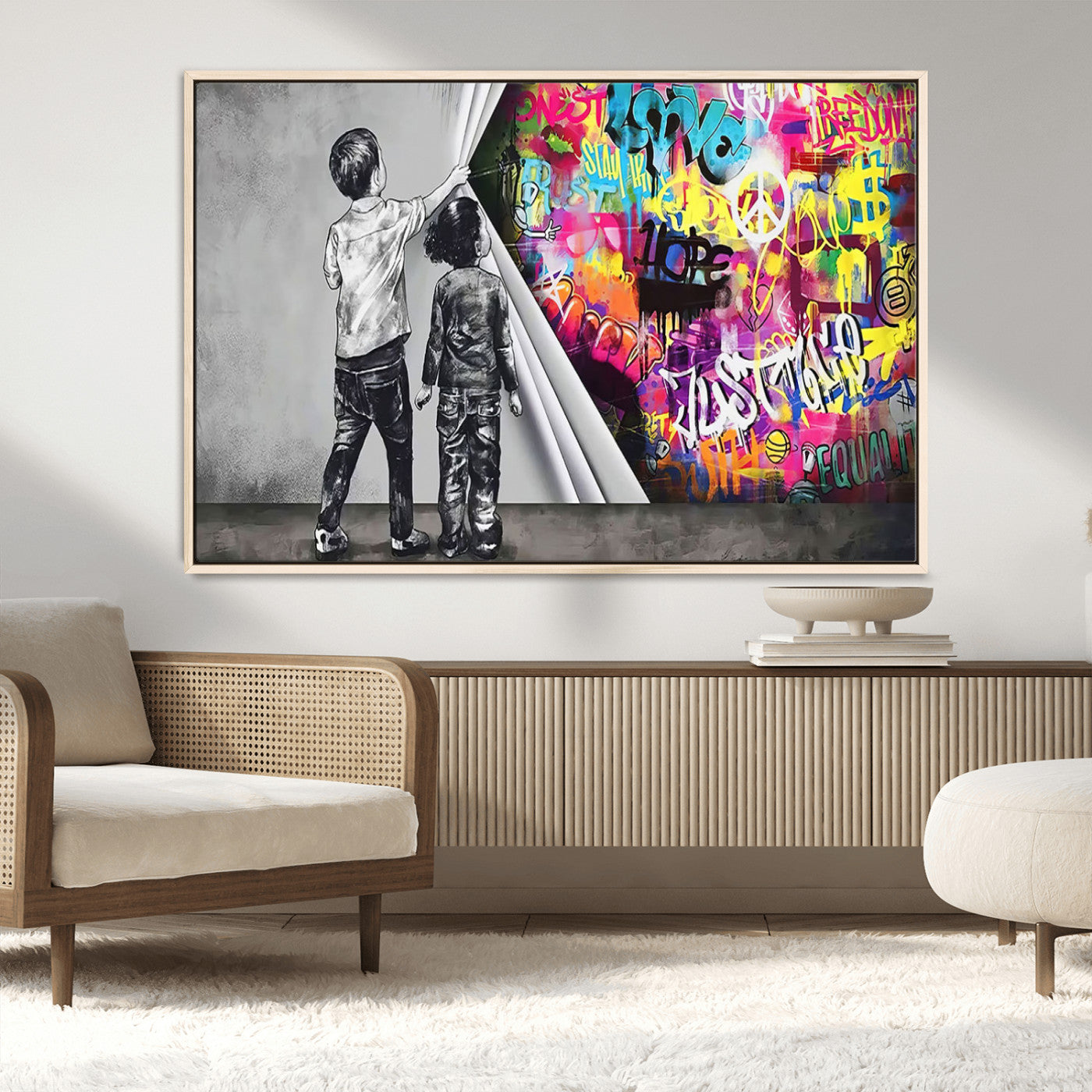 MGV-FC-36X24 - Banksy Print - Street Art Canvas Wall Art - Kids Revealing Graffiti, Urban Modern Decor for Living