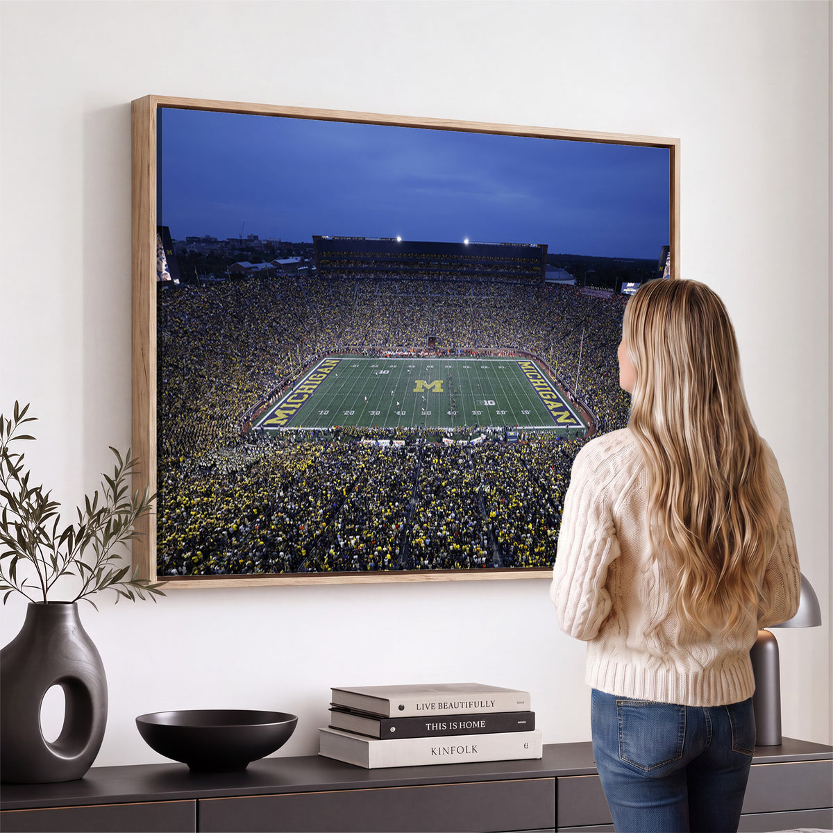 34202-MGV-CV-36X24 - University of Michigan Wolverines Football Team Print - Ann Arbor Michigan Stadium Wall Art Canvas