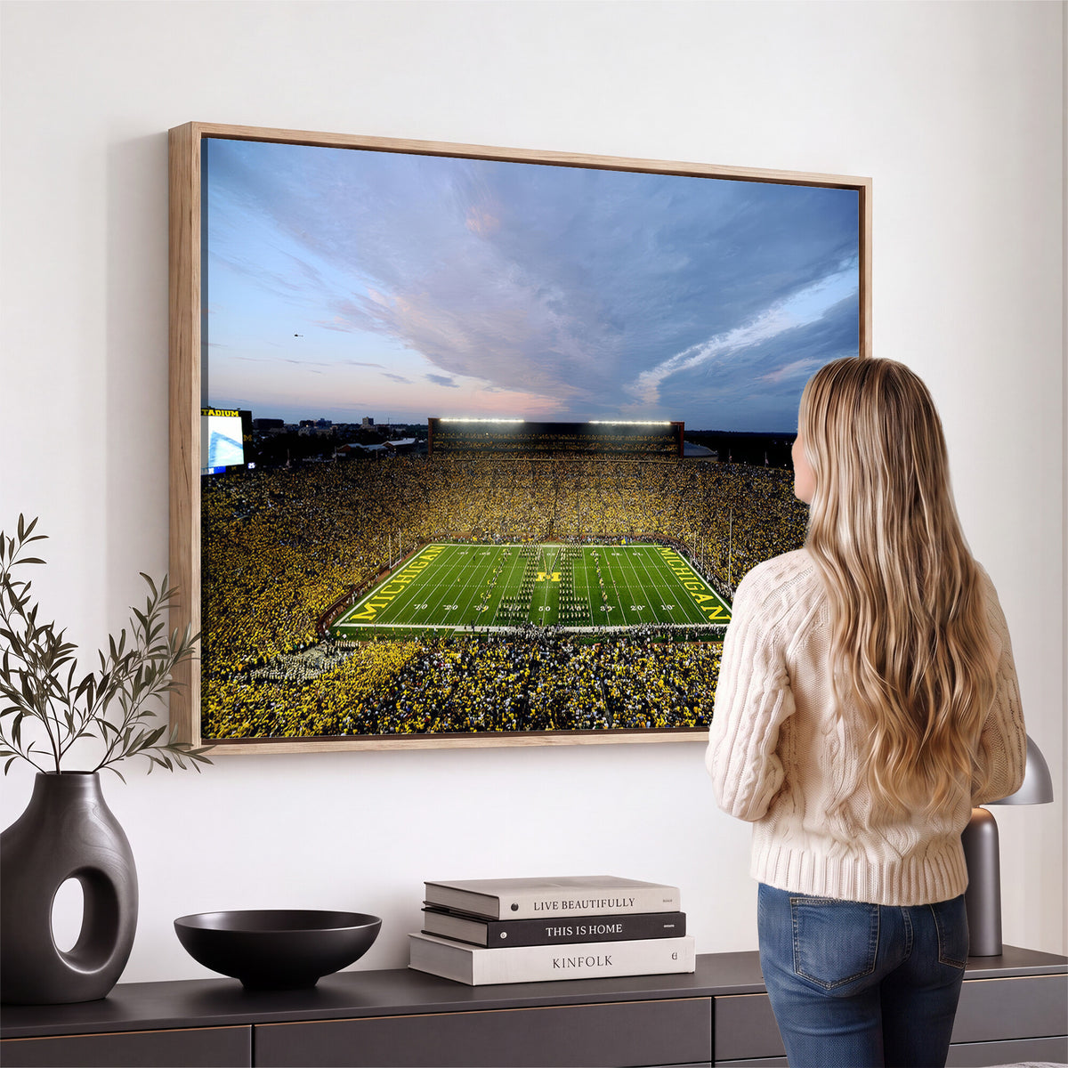 82641-MGV-CV-36X24 - Michigan Stadium Wall Art Canvas Print – Framed Football Field Scene with Marching Band Artwork for Home, Office