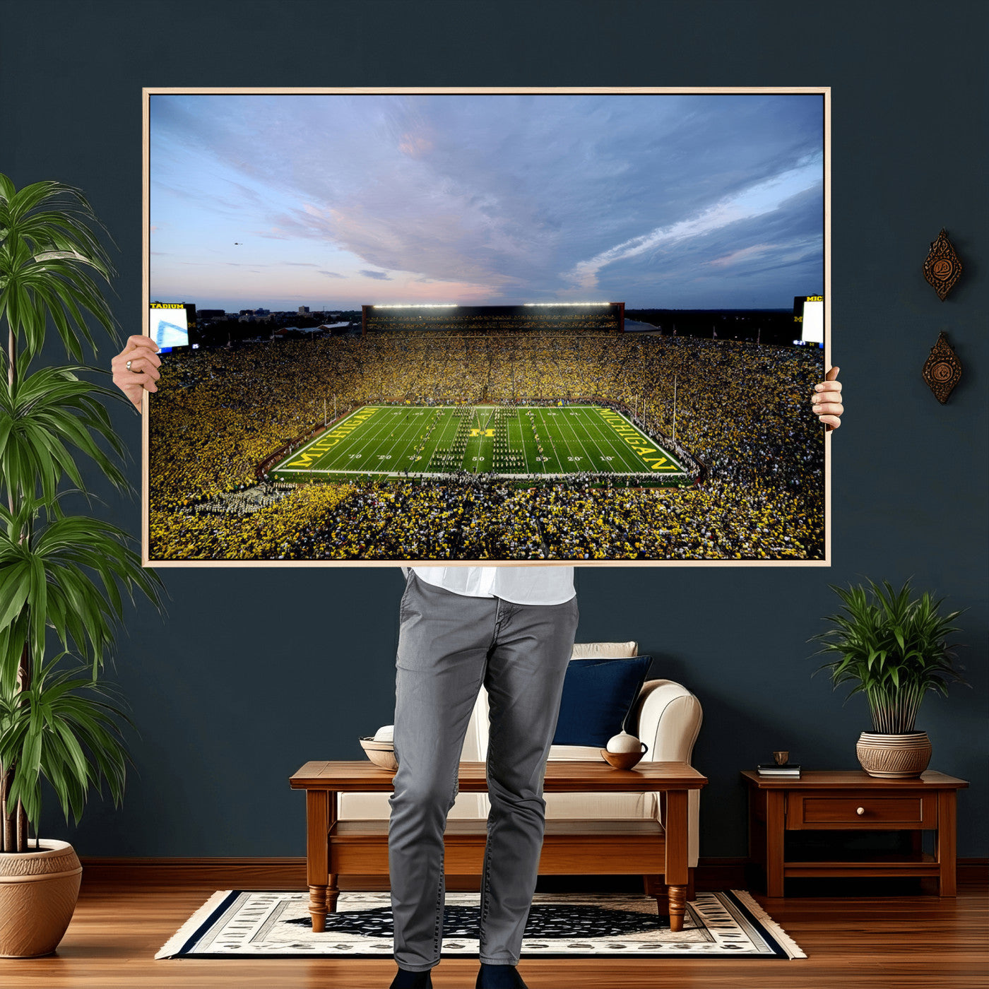 82641-MGV-CV-36X24 - Michigan Stadium Wall Art Canvas Print, Vibrant Game Day Crowd and Sunset Sky Football Field Artwork for Home, Office