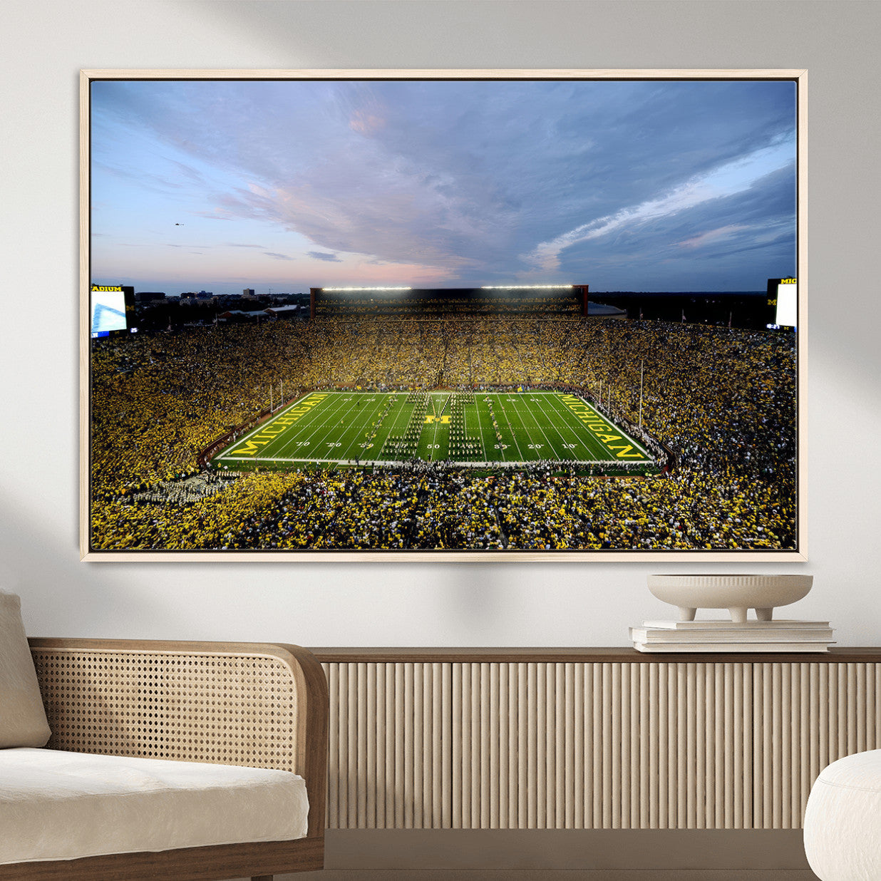 82641-MGV-FC-36X24 - Michigan Stadium Wall Art Canvas Print, Vibrant Game Day Crowd and Sunset Sky Football Field Artwork for Home, Office