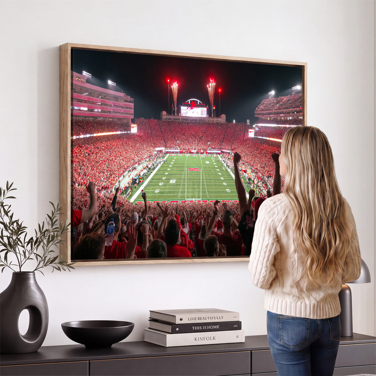 43351-MGV-CV-36X24 - University of Nebraska Cornhuskers Football Team Print - Lincoln Memorial Stadium Wall Art Canvas