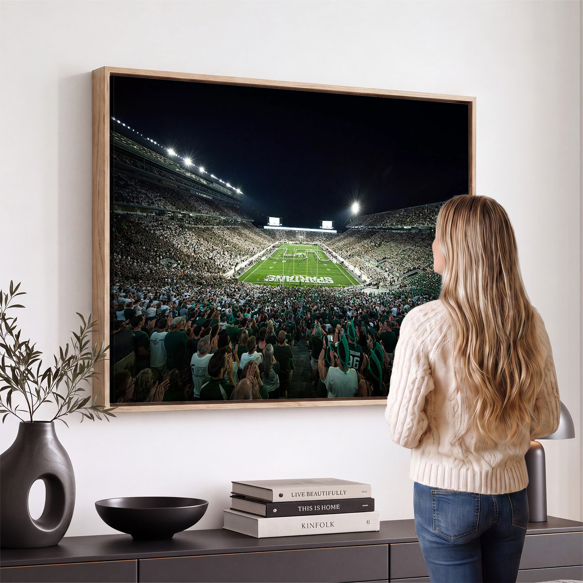 57523-PAN-FL-20X10 - Framed Michigan State Spartans Football Team Print - East Lansing Spartan Stadium Wall Art Canvas