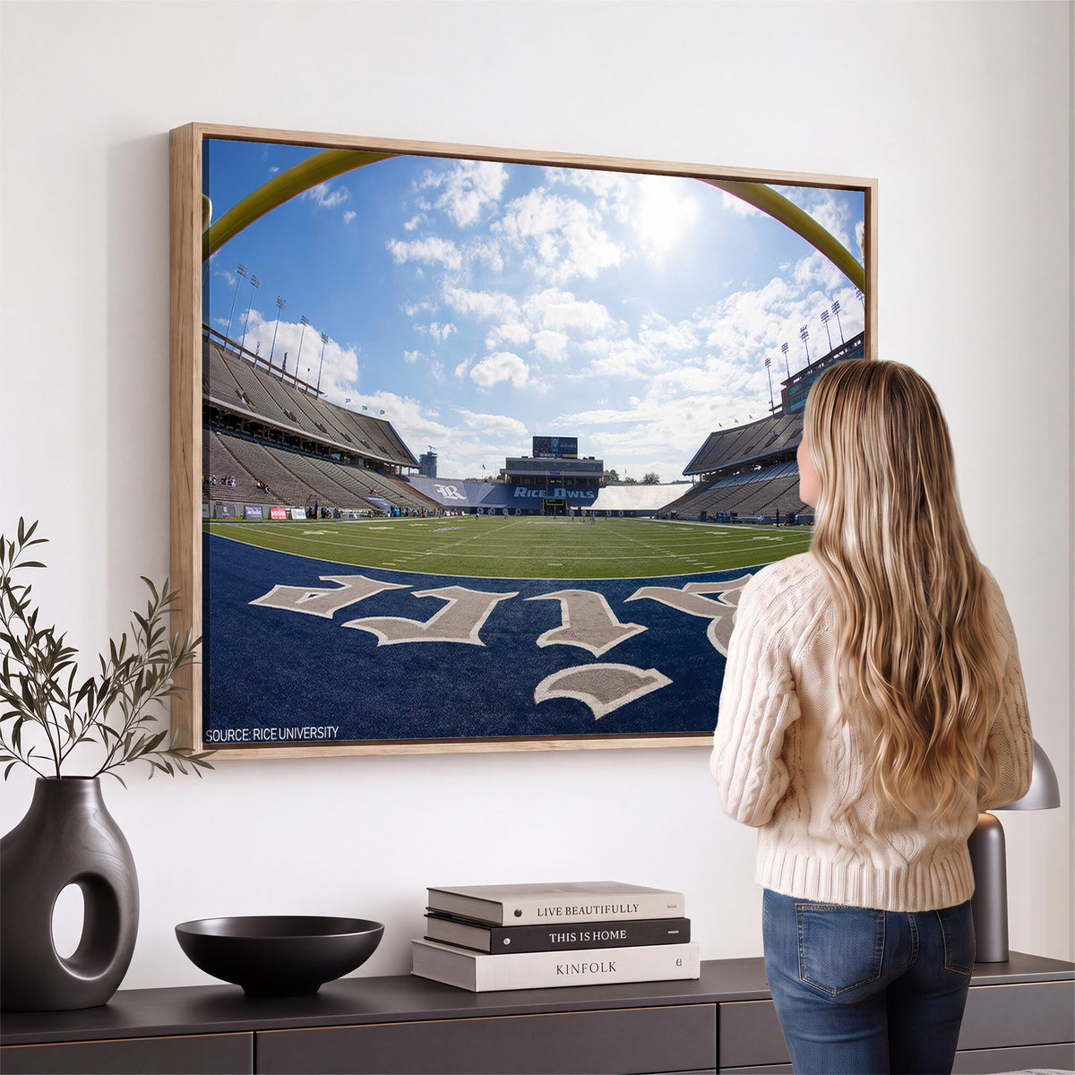 50267-MGV-CV-36X24 - Rice University Owls Football Team Print, Houston Rice Stadium, Framed and Ready to Hang