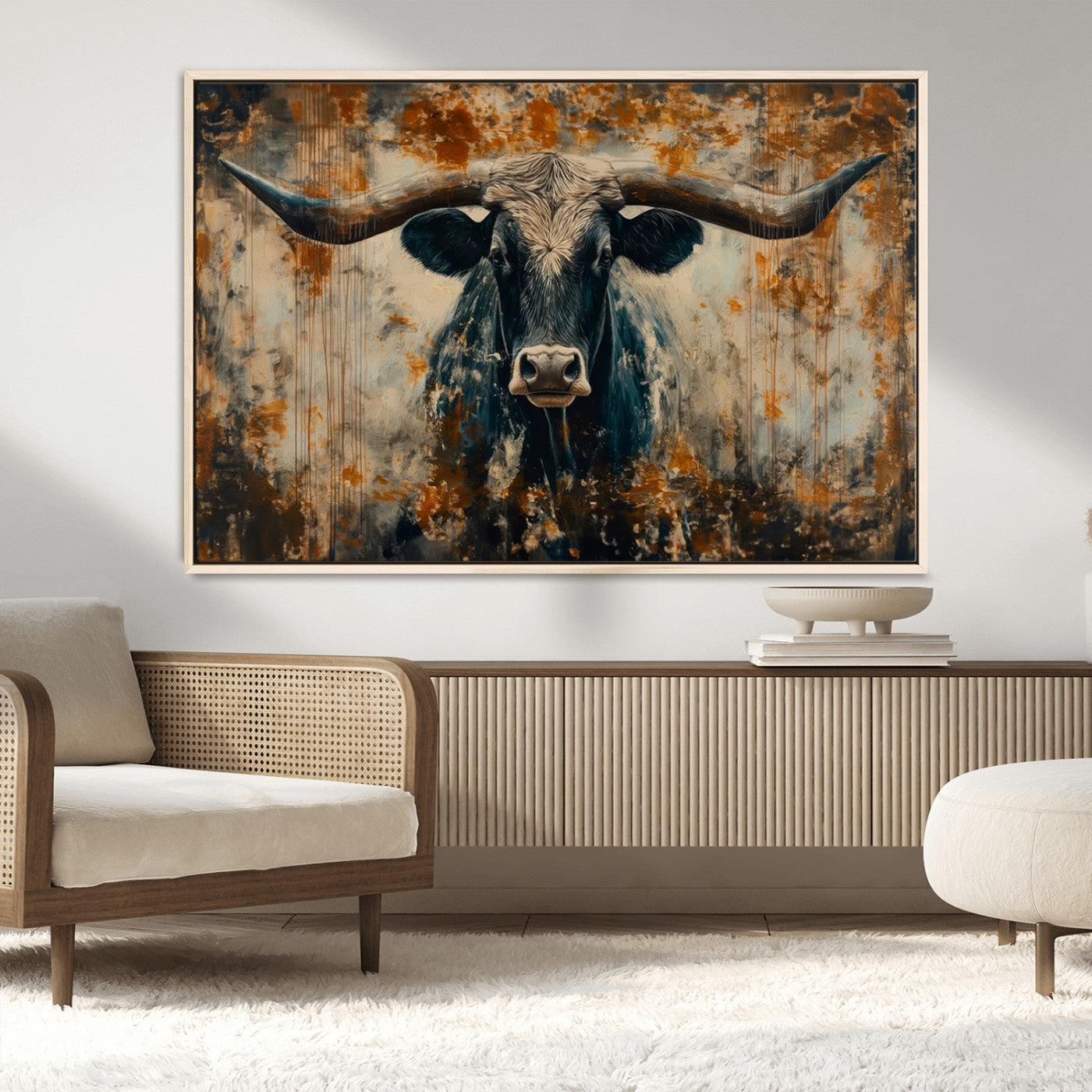 MGV-FC-36X24 - Abstract Longhorn Bull Wall Art | Rustic Western Wall Decor | Framed and Ready to Hang | Ideal for