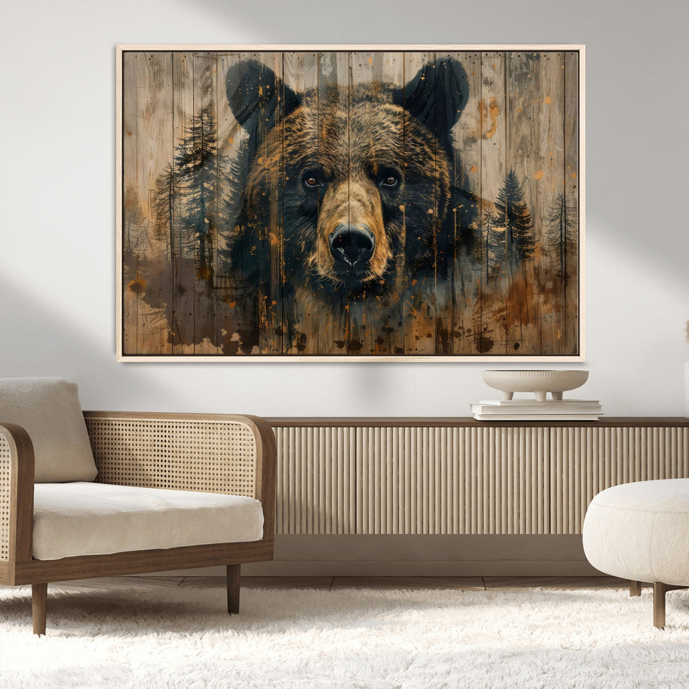 MGV-FC-36X24 - Abstract 399 Bear Wall Art | Rustic Cabin Wall Decor with Forest Design | Framed and Ready to Hang |
