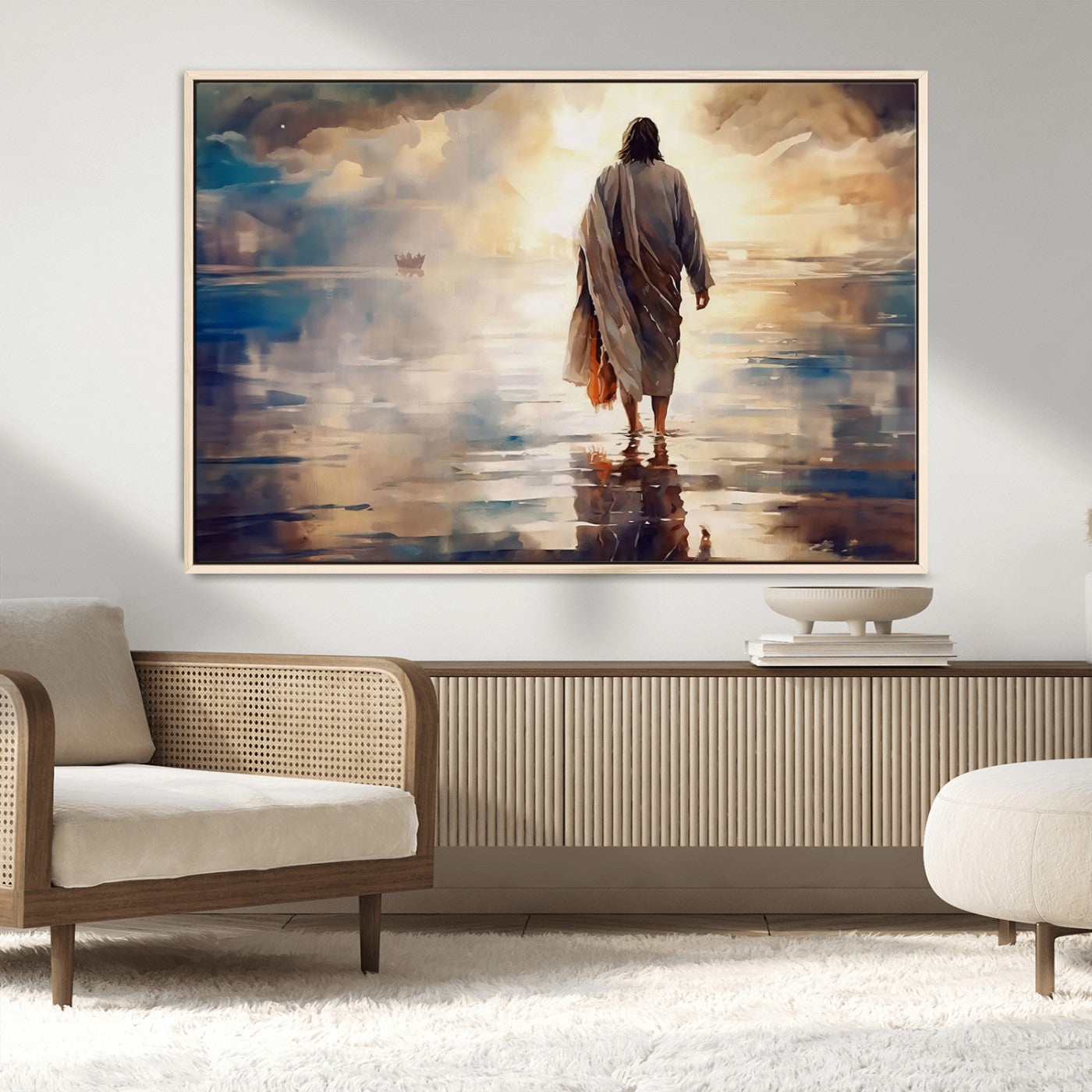 MGV-FC-36X24 - Jesus Walking on Water Wall Art | Ready to Hang Spiritual Triptych Canvas Print | Inspirational