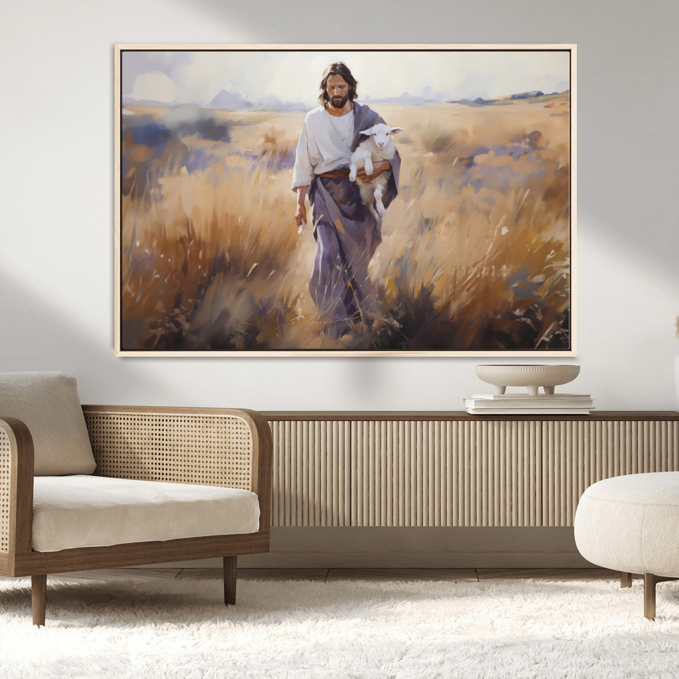 MGV-FC-36X24 - Jesus the Good Shepherd Wall Art Canvas Print - Lost Lamb Print for Prayer Room Decor