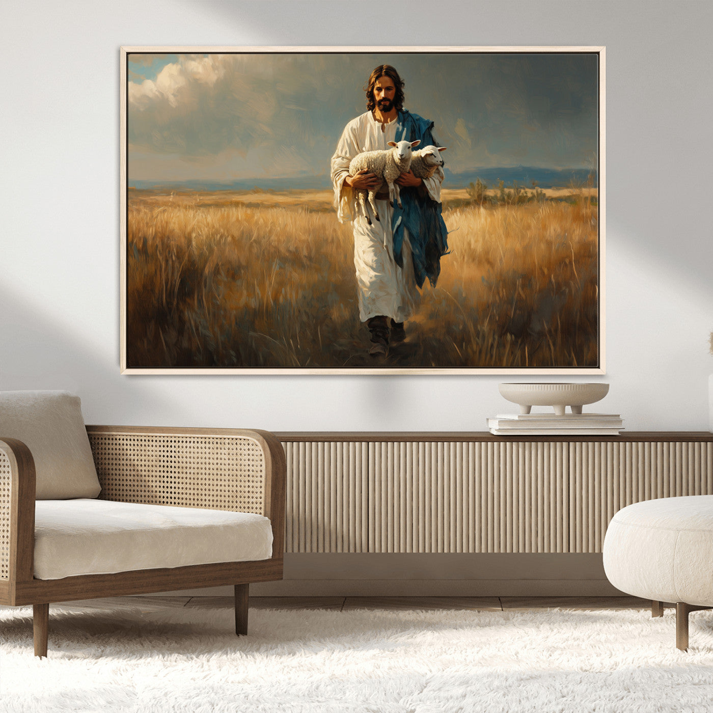 MGV-FC-36X24 - Jesus Shepherd Wall Art | Ready to Hang Triptych Canvas of Jesus Holding a Lamb in a Field |