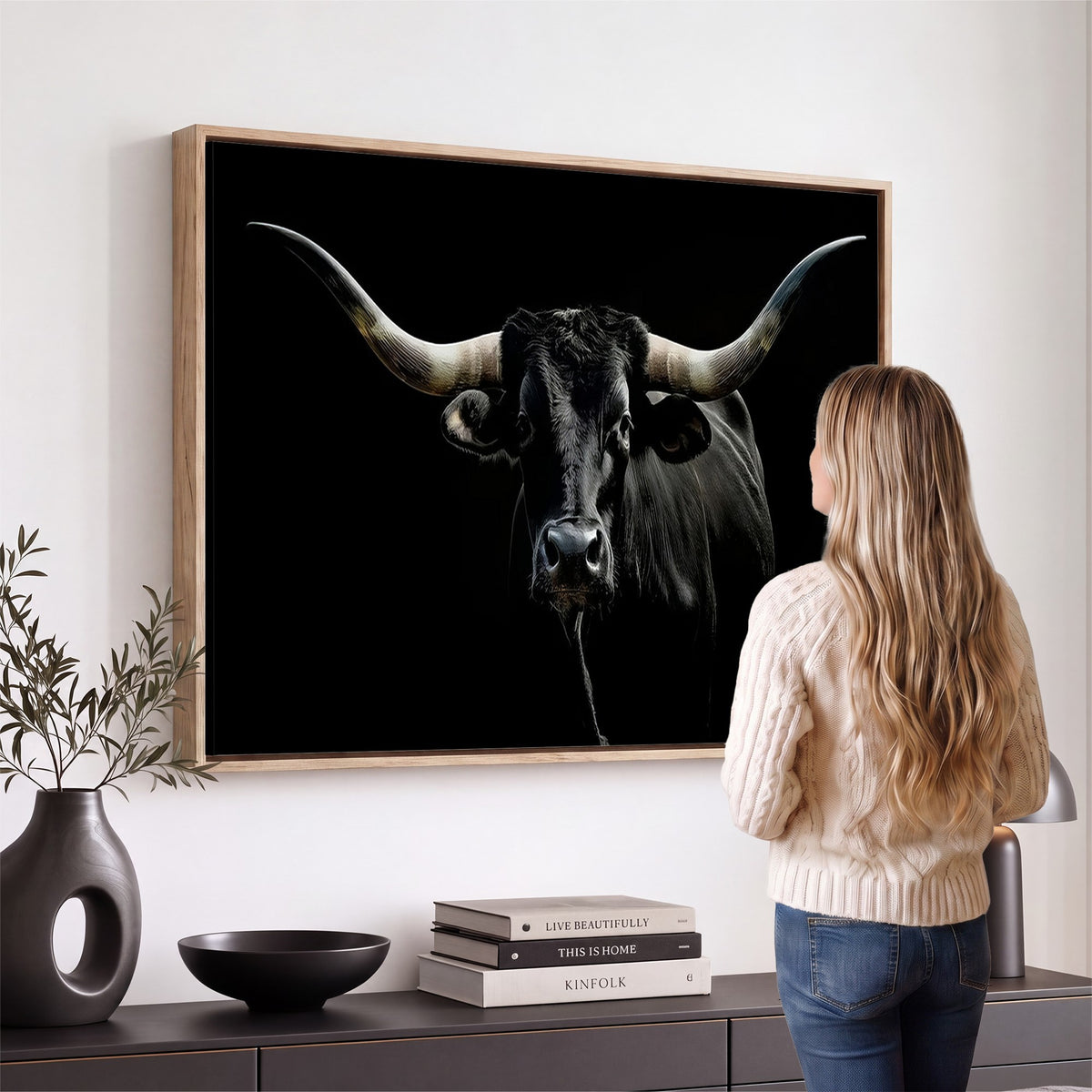20679-MGV-CV-24X16 - Texas Black Longhorn Bull Wall Art Canvas Print, Western Cattle Rustic Decor