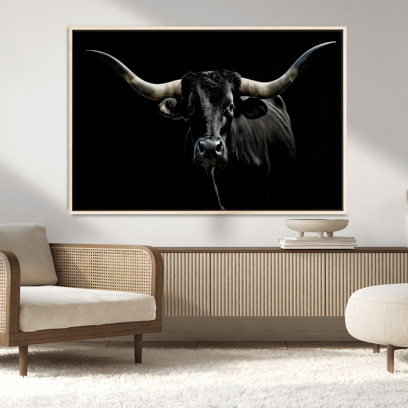 MGV-FC-36X24 - Texas Black Longhorn Bull Wall Art Canvas Print - Western Texas Cattle Rustic Decor Print - Longhorn