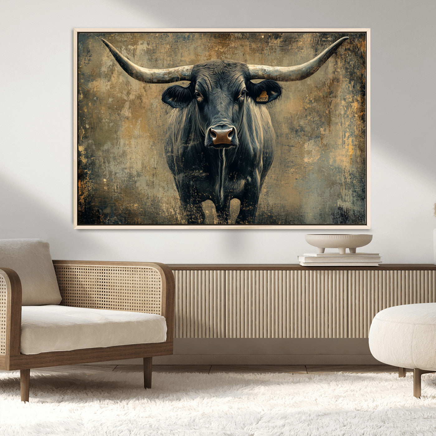 MGV-FC-36X24 - Longhorn Bull Wall Art Canvas Print, Framed Rustic Cow Art Picture Print, Texas Longhorn Perfect Western Decor Artwork