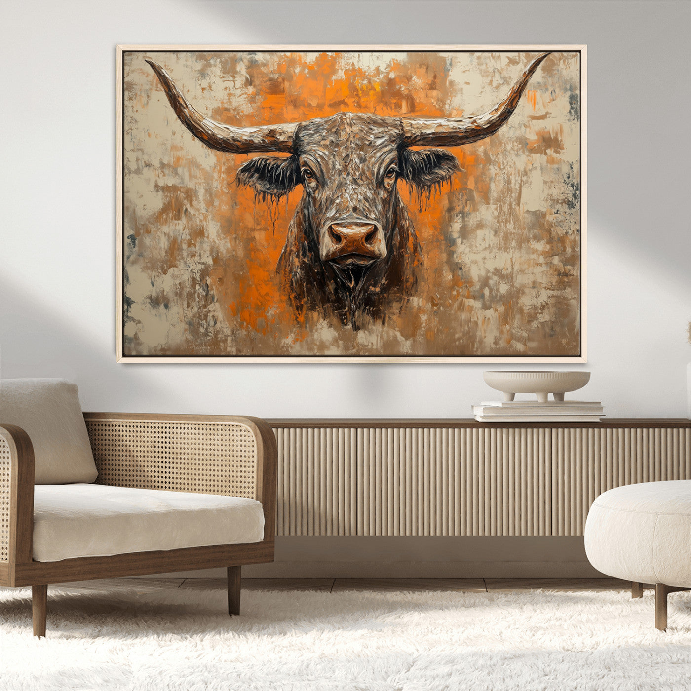 MGV-FC-36X24 - Abstract Cow Longhorn Bull Wall Art Canvas Print - Rustic Texas Western Cattle Artwork
