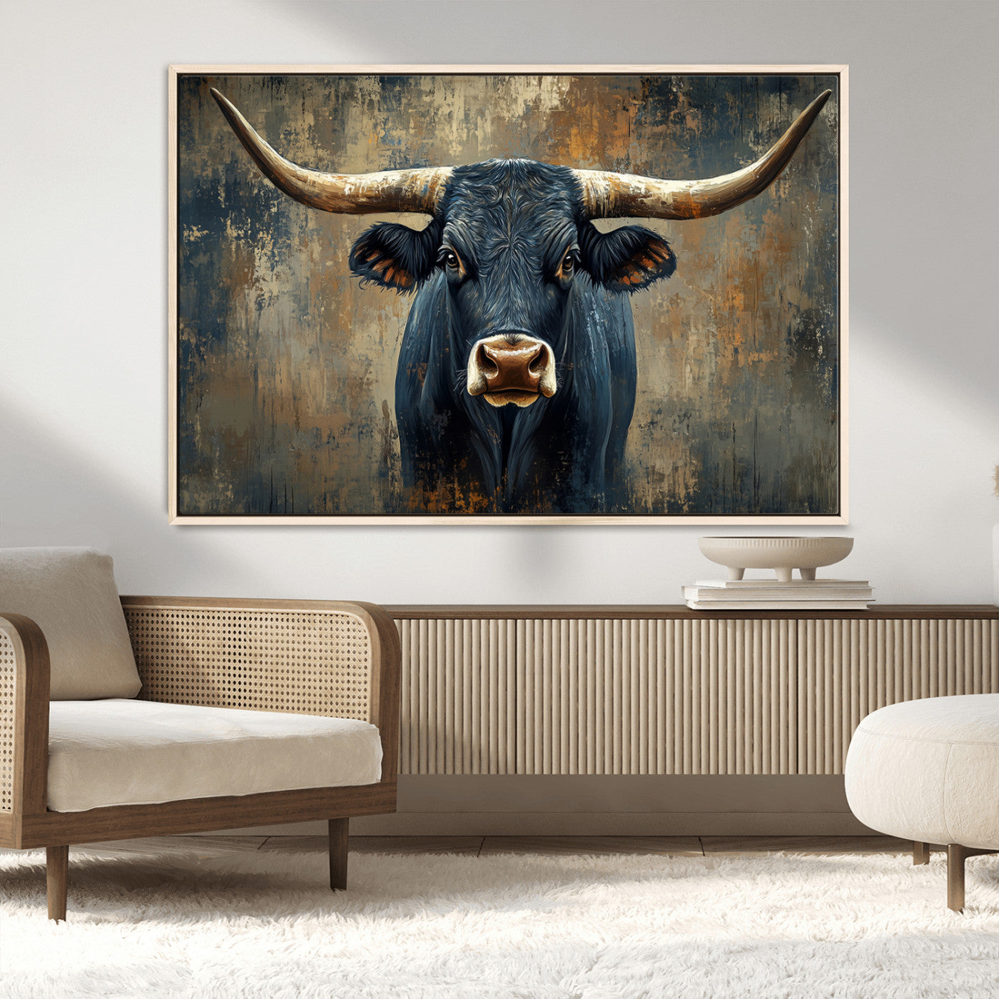 MGV-FC-36X24 - Texas Western Wall Art Canvas Print - Abstract Cow Longhorn Bull Wall Art Canvas Print - Rustic Cow