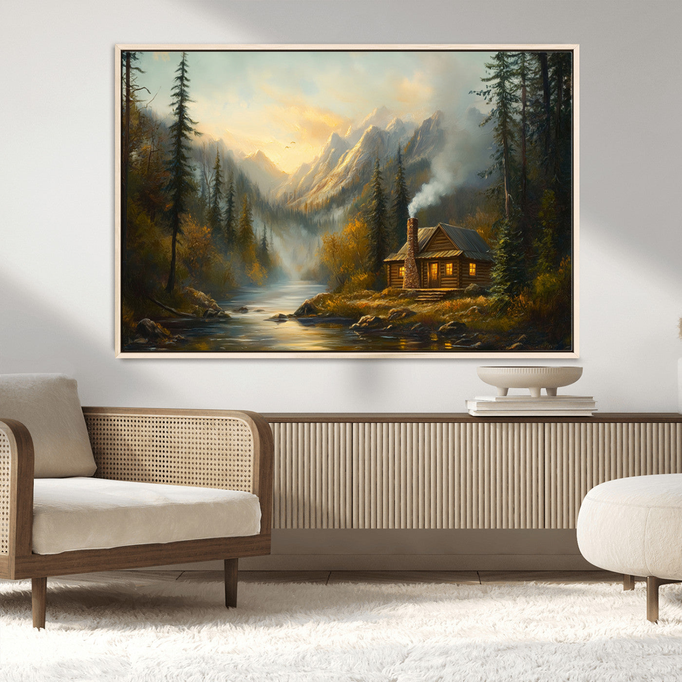 MGV-FC-36X24 - Wood Cabin Retreat Mountain at Sunset Wall Art Print - Serene Forest and River Landscape Wall Art