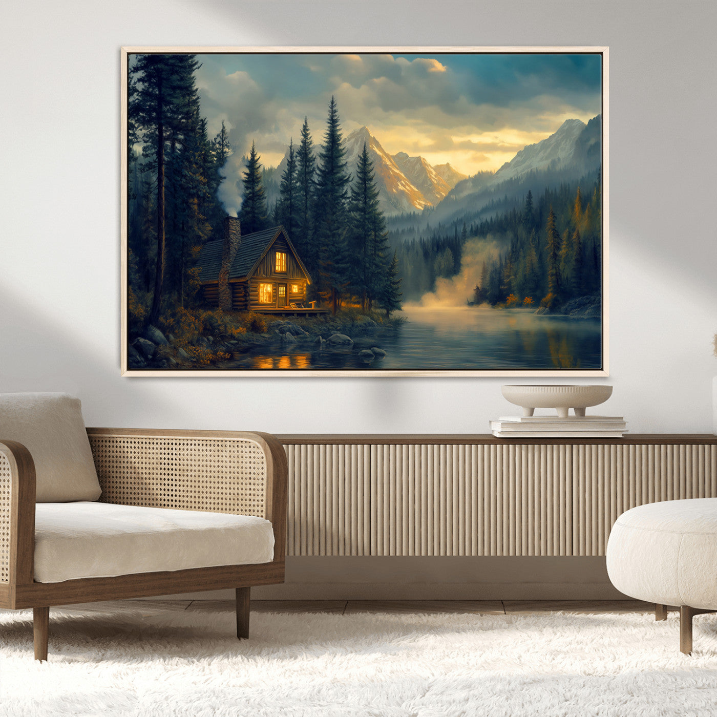 MGV-FC-36X24 - Mountain Cabin by the Lake at Sunset Wall Art - Serene Nature Canvas Print for Living Room Decor,