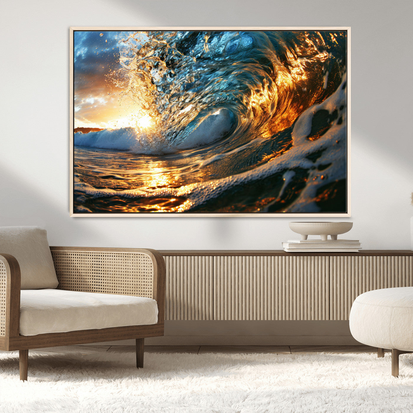 MGV-FC-36X24 - Ocean Wave at Sunset Canvas Wall Art – Vibrant Coastal Beach Waves Print, Large Nautical Decor,
