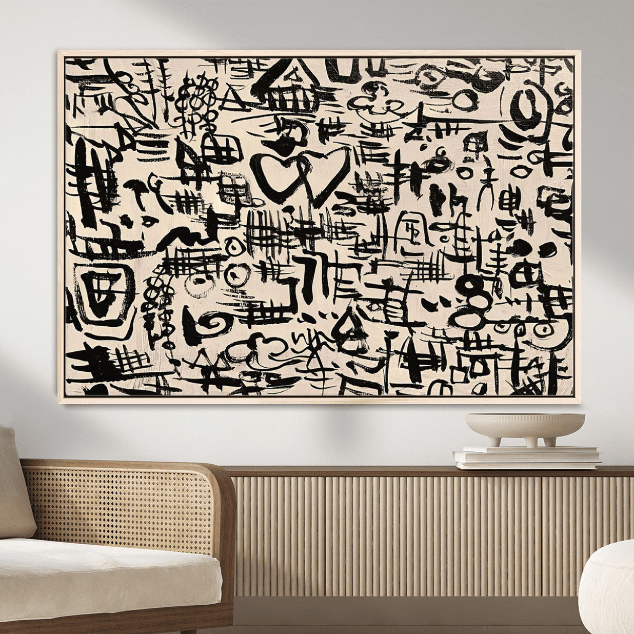 68273-MGV-FC-36X24 - Abstract Love and Chaos Canvas Print, Black Symbols on Beige