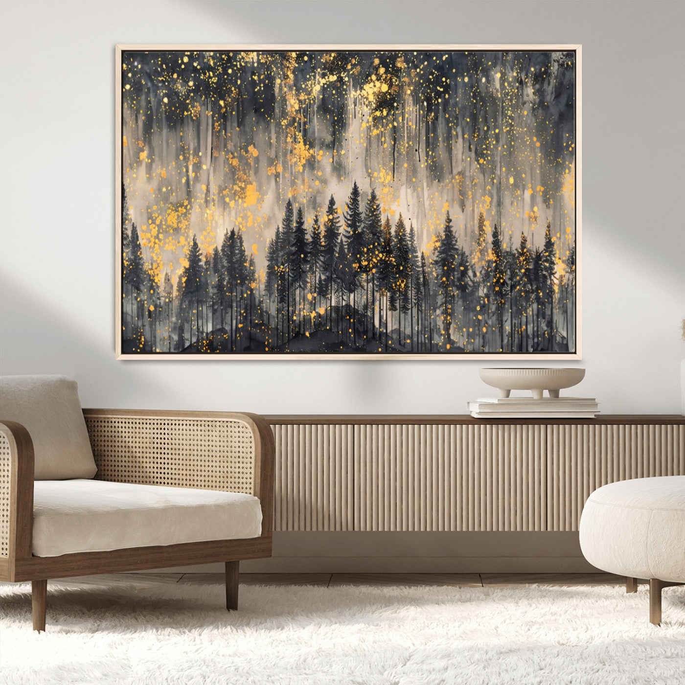 MGV-FC-36X24 - Golden Forest Abstract Wall Art | Dark Forest with Gold Splatter Accents | Triptych Ready to Hang