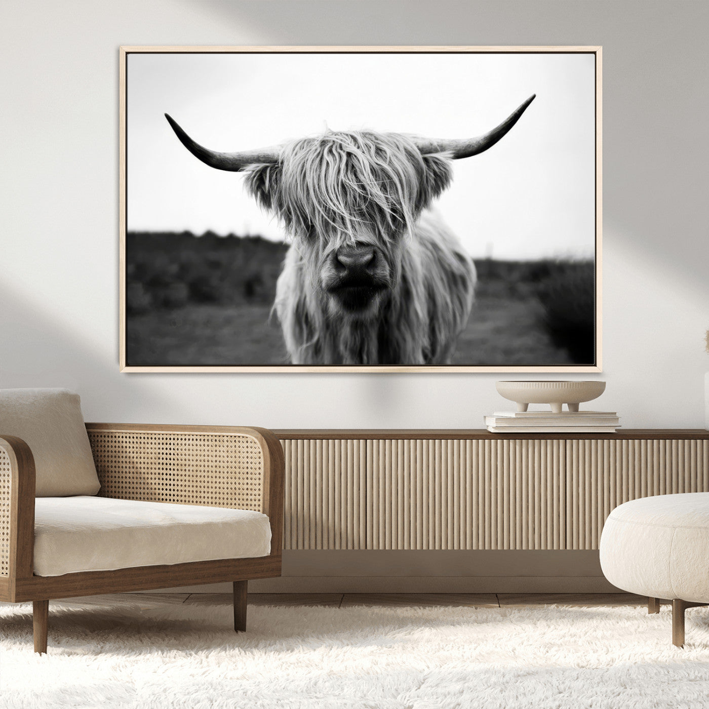 MGV-FC-36X24 - Highland Cow Wall Art | Black and White Farmhouse Decor | Triptych Canvas Print | Rustic Barn Decor