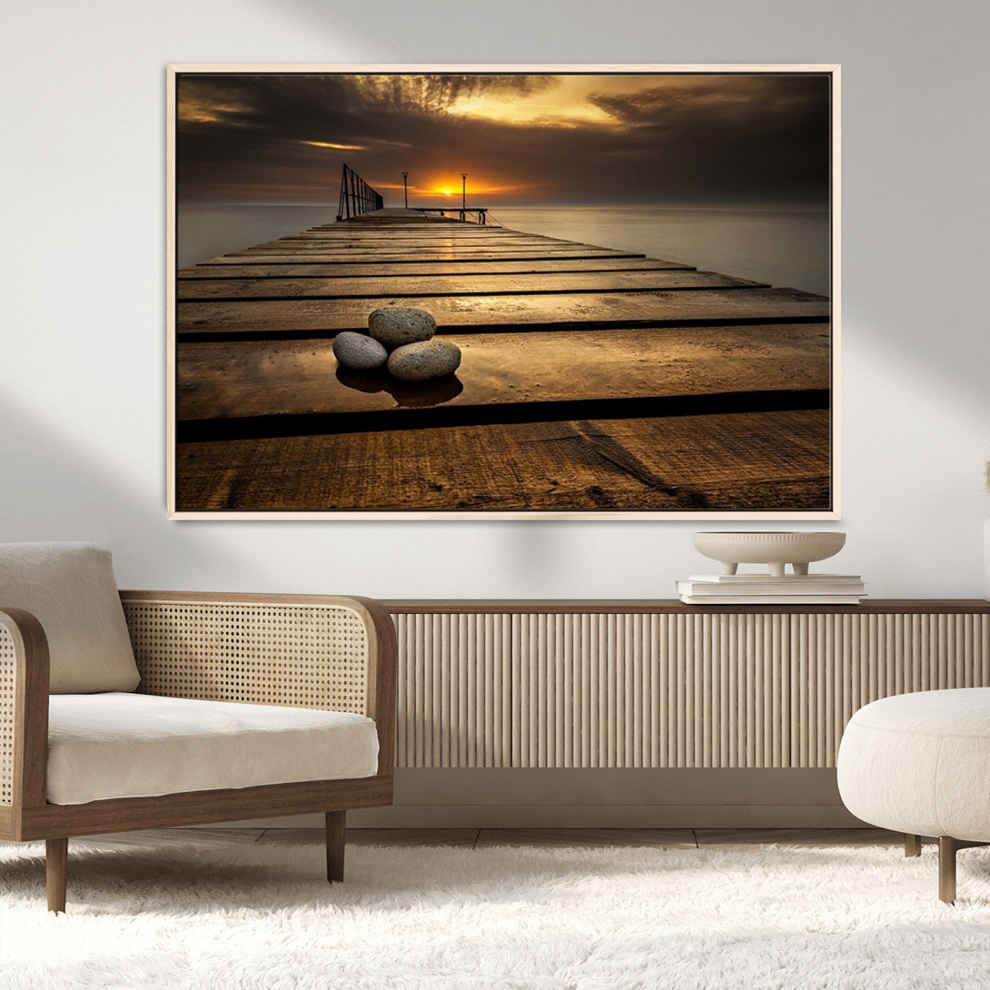 MGV-FC-36X24 - Stones on Wooden Pier at Sunset Canvas Print, Serene Coastal Wall Art, Beach Sunset Photography,