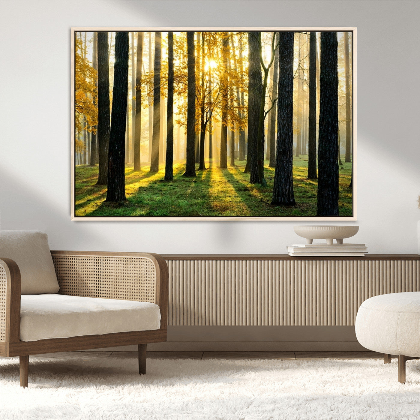 MGV-FC-36X24 - Sunlit Forest Canvas Wall Art – Serene Woodland Triptych Landscape Print – Nature-Inspired Decor for