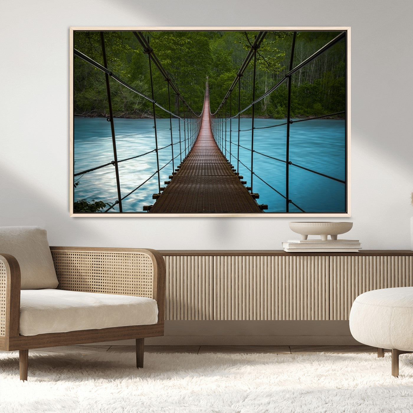 MGV-FC-36X24 - Suspension Bridge Over River Canvas Art | 3-Panel Nature Photography | Scenic Wall Art for Living