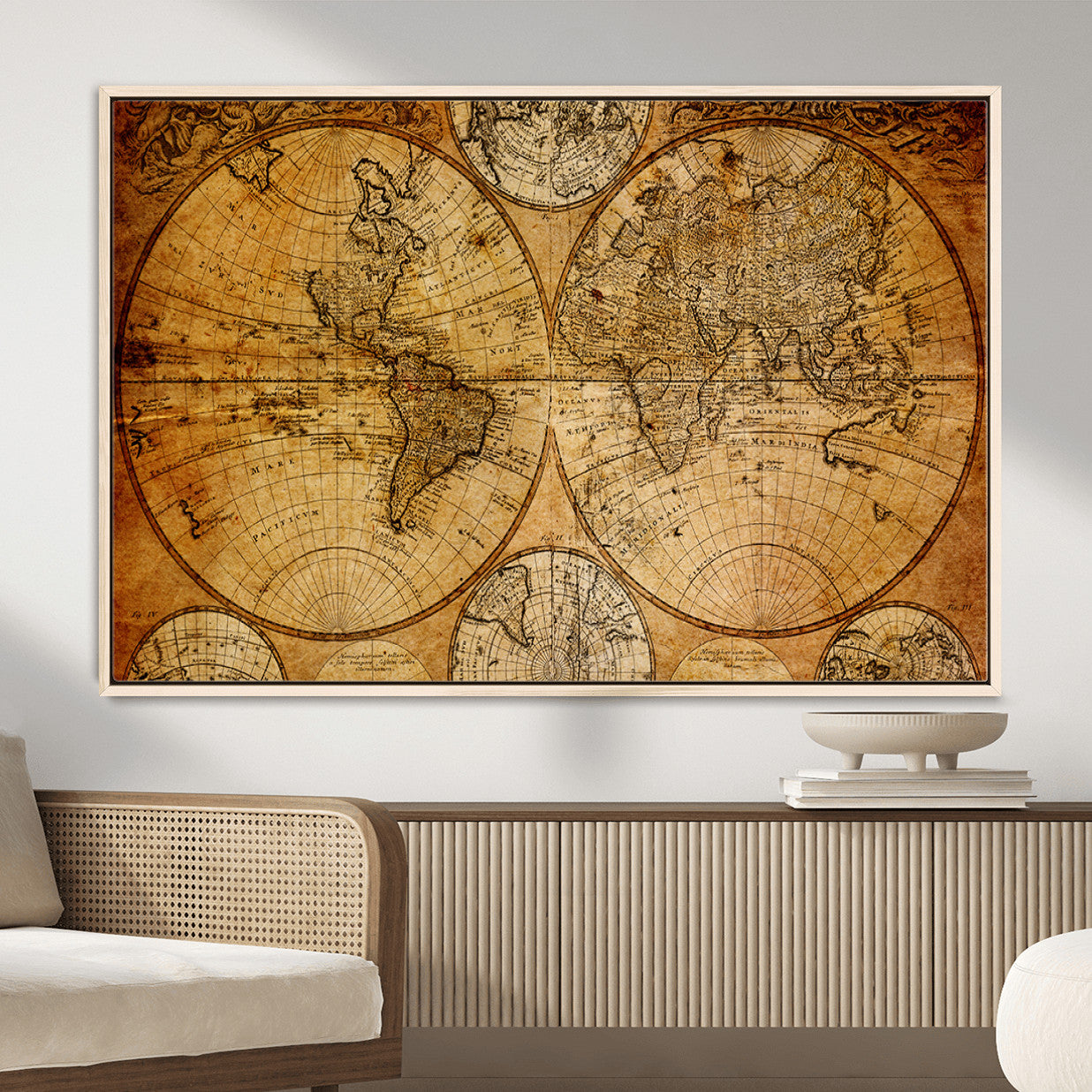 25517-MGV-FC-36X24 - Vintage World Map Canvas Print – Antique Push Pin Travel Map, Framed Wall Art for Home or Office Decor