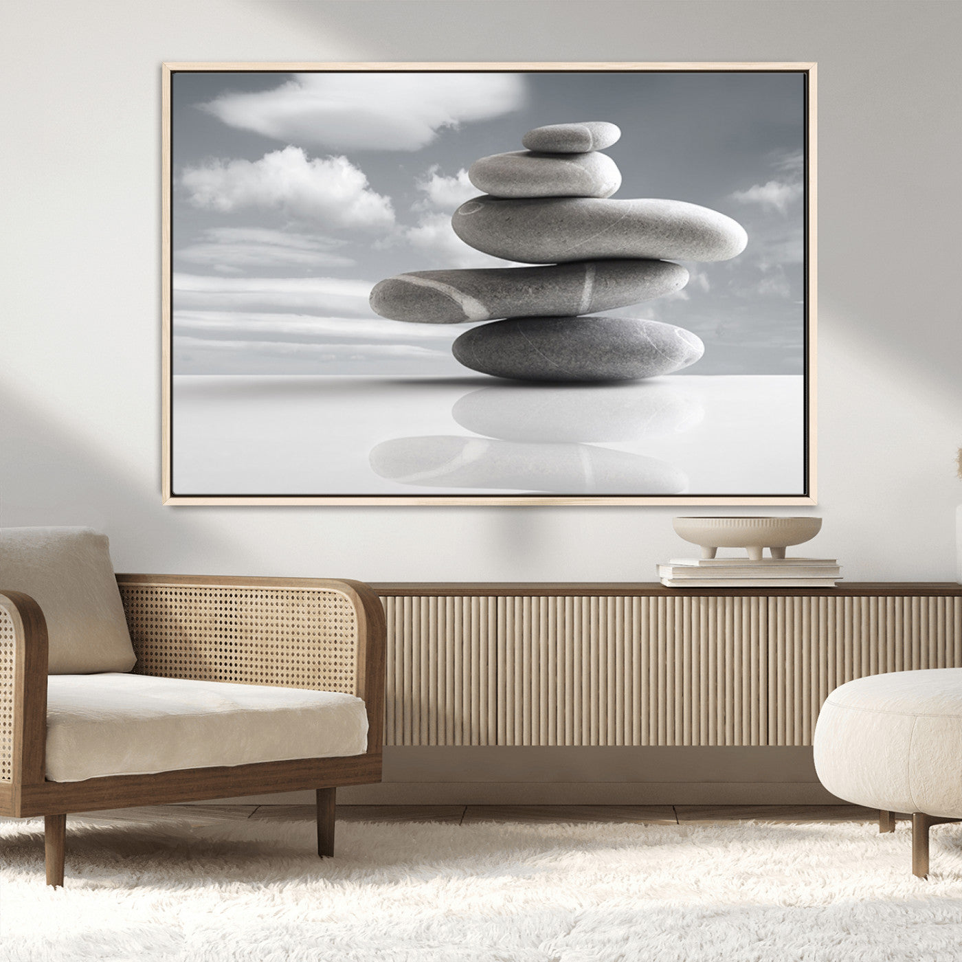 MGV-FC-36X24 - Still Life Black and White Zen Stones Wall Art Canvas, Framed Black and White Zen Stones Canvas